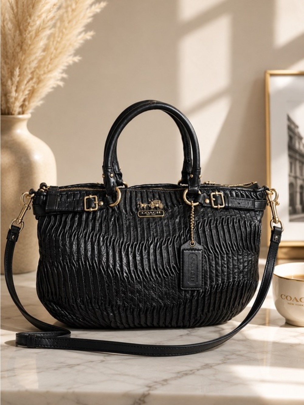 Coach Madison Sophia Gathered Leather Satchel Crossbody Black 19620